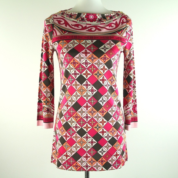 Tory Burch Silk Boatneck Monogram Multicolor Pink Brown Floral Tunic Dress XS - Picture 1 of 6